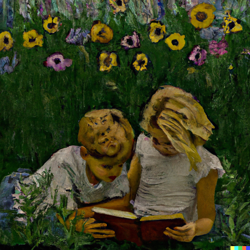 Siblings reading a book in a field