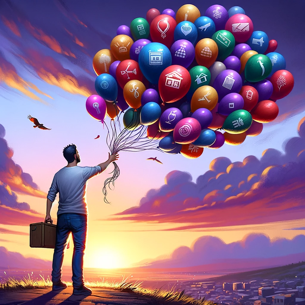 A man letting go of balloons that represent his identity
